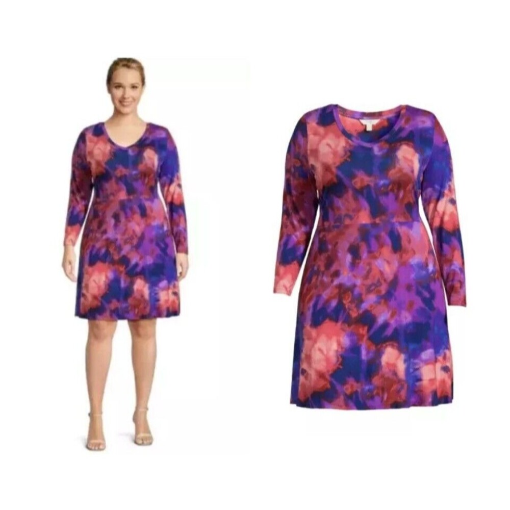 Terra & Sky Woman Knit Swing Dress Size 3X Long Sleeve Purple & Coral Knit